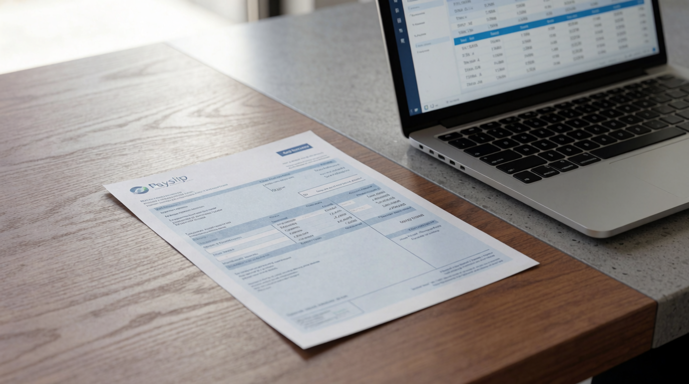 Payslip document on desk next to laptop showing payroll data