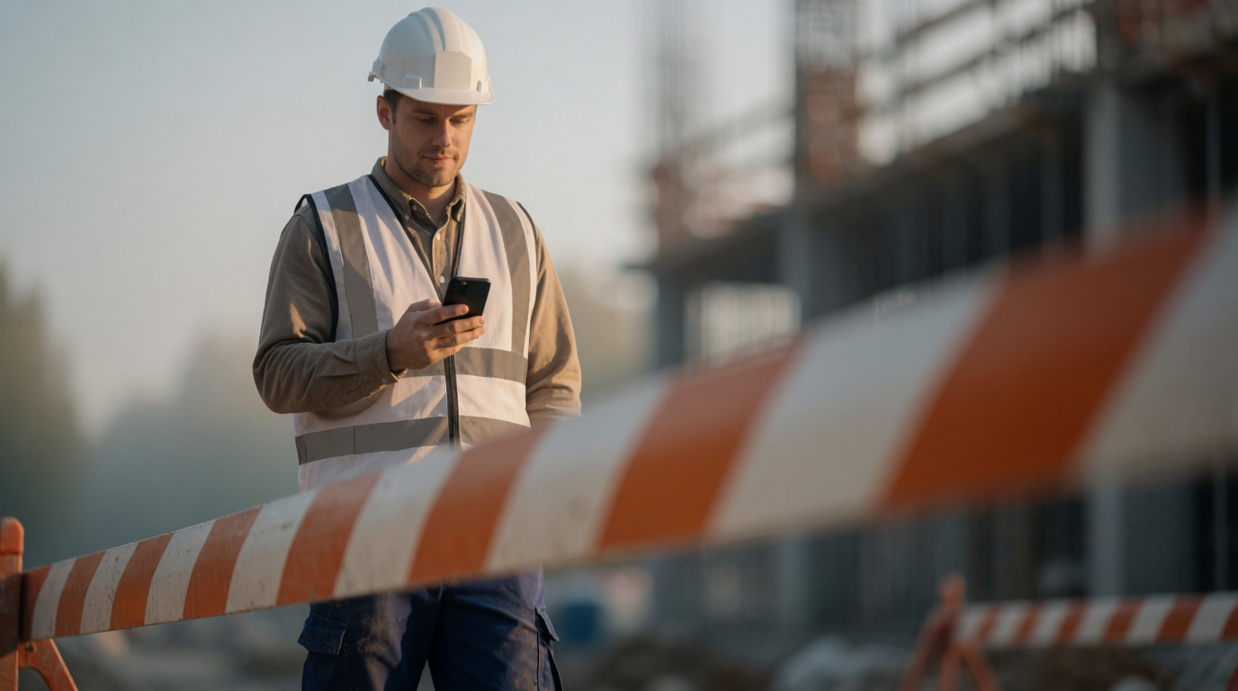 Construction worker scanning in at site entrance on smartphone